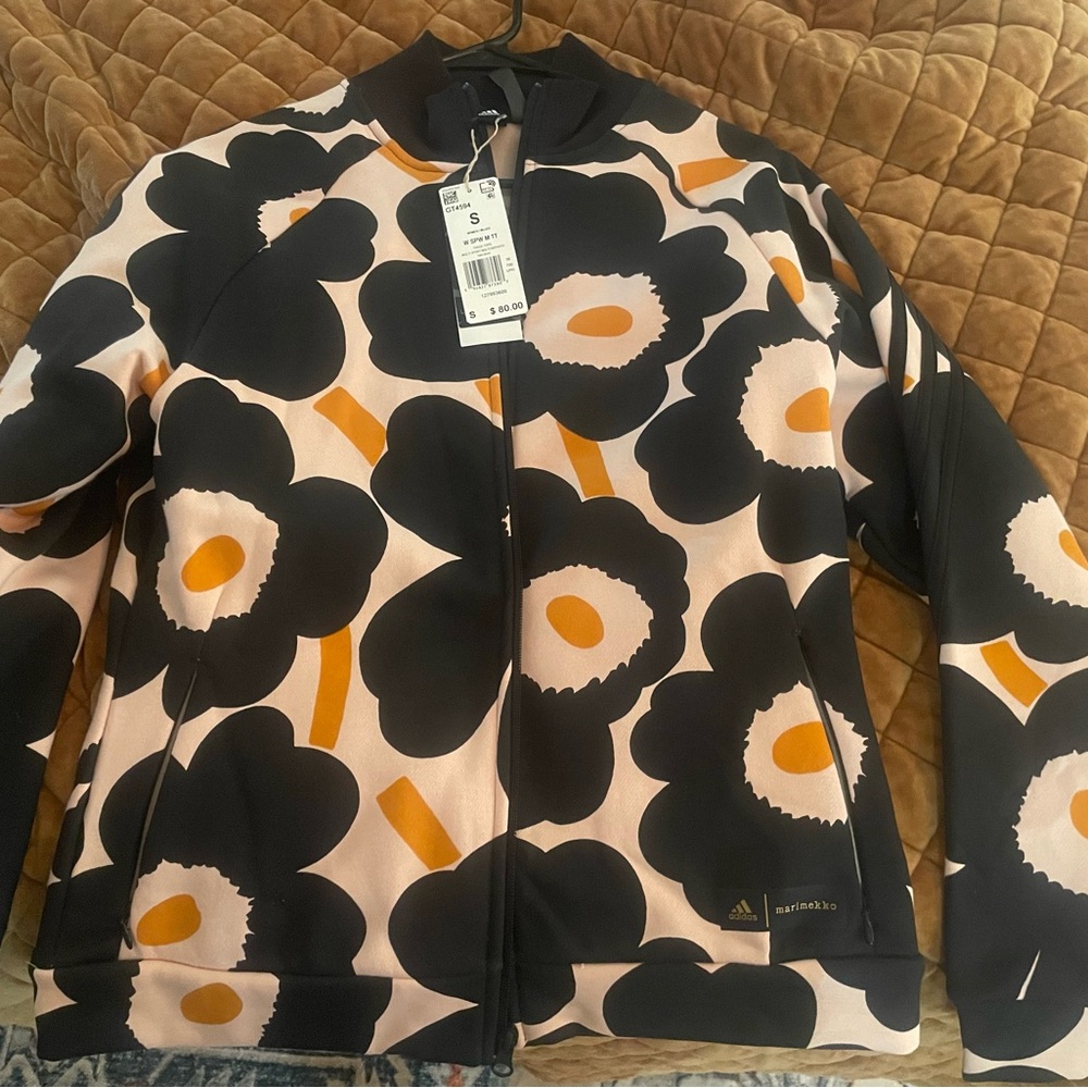 Adidas Black and Orange Bomber Jacket with Bold Design